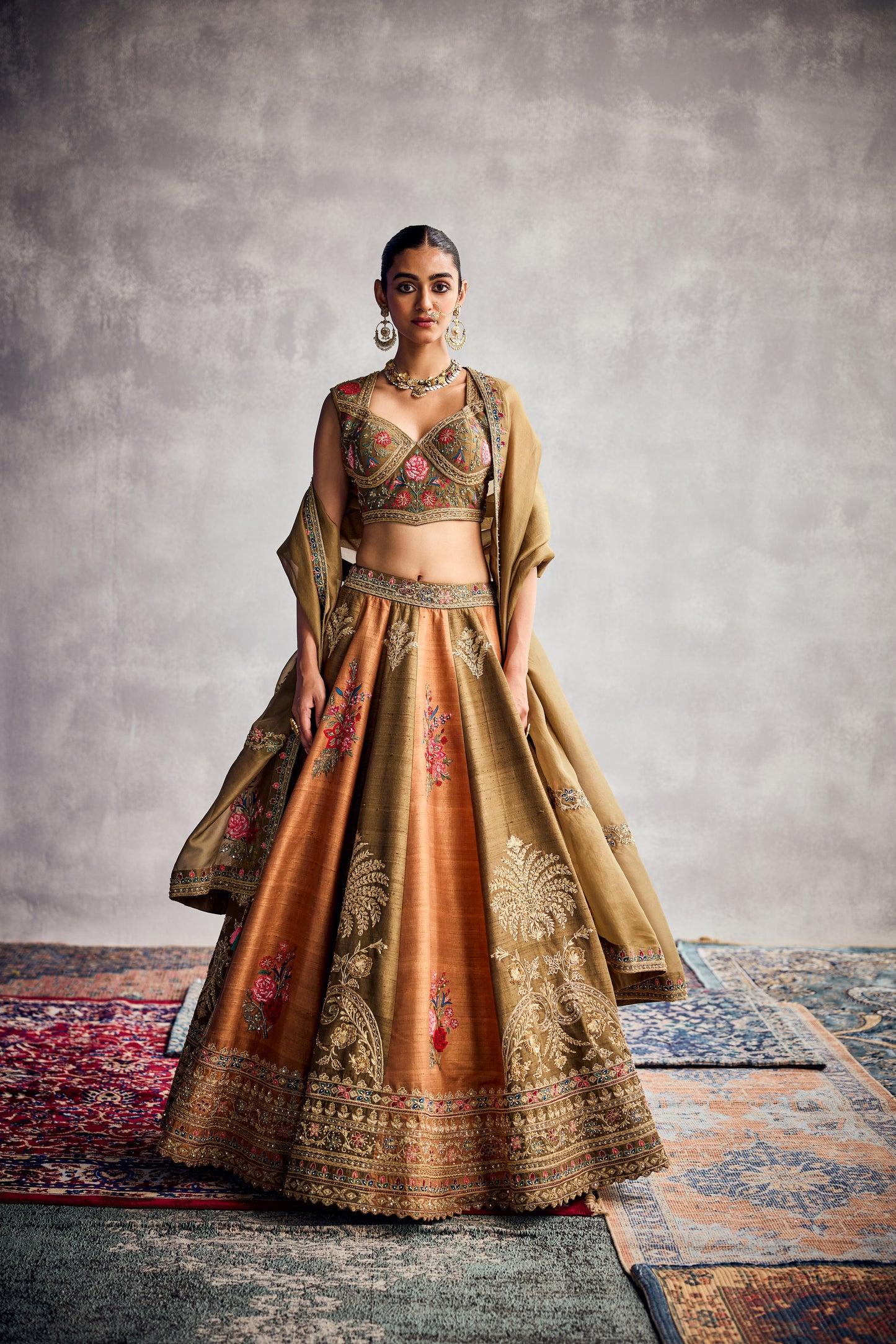 EARTHY GREEN ORANGE LEHENGA