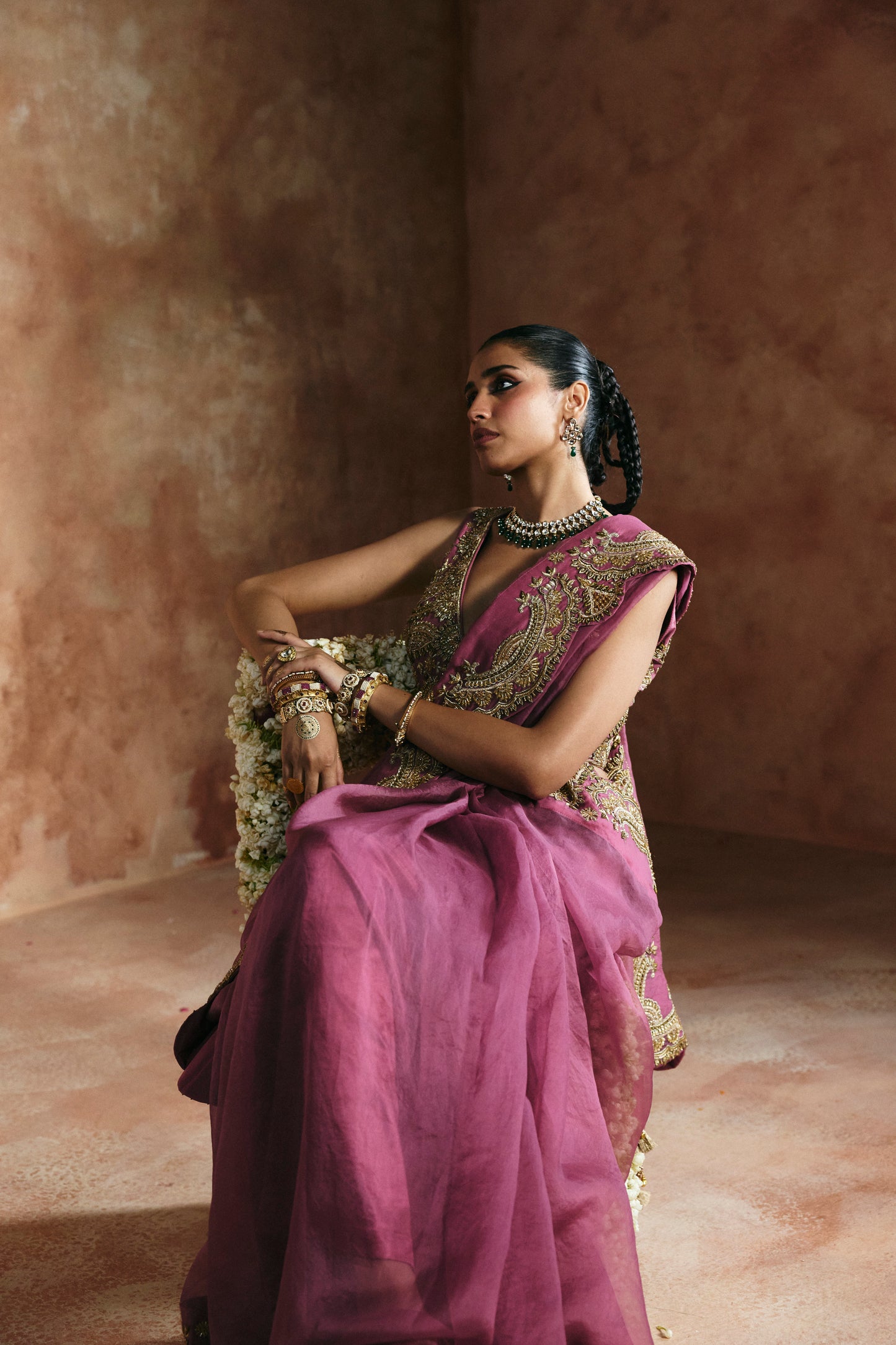 Peach & gold saree set