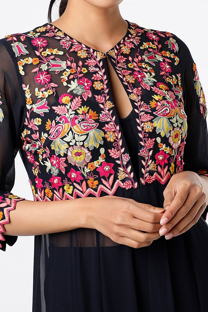 Charcoal Blue Embroidered Jacket Set