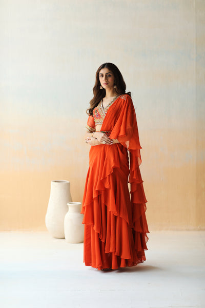 Fire Rust Pre-Draped Ruffle Saree Set – Estie Couture