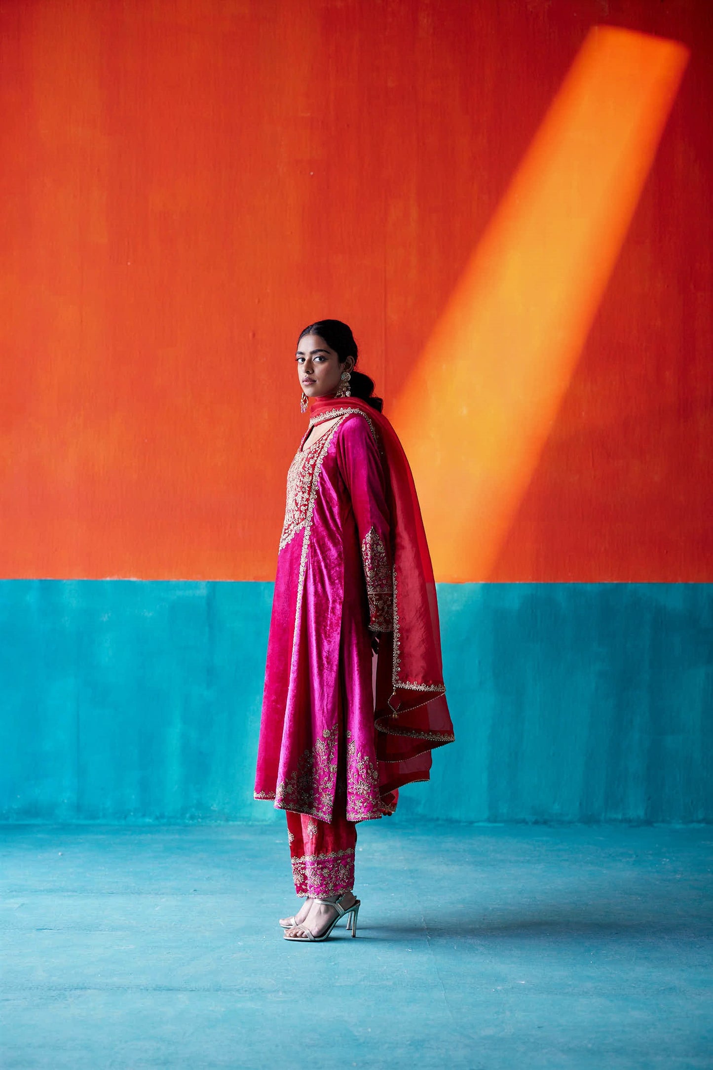 Fuchsia Pink Velvet Kurta Set