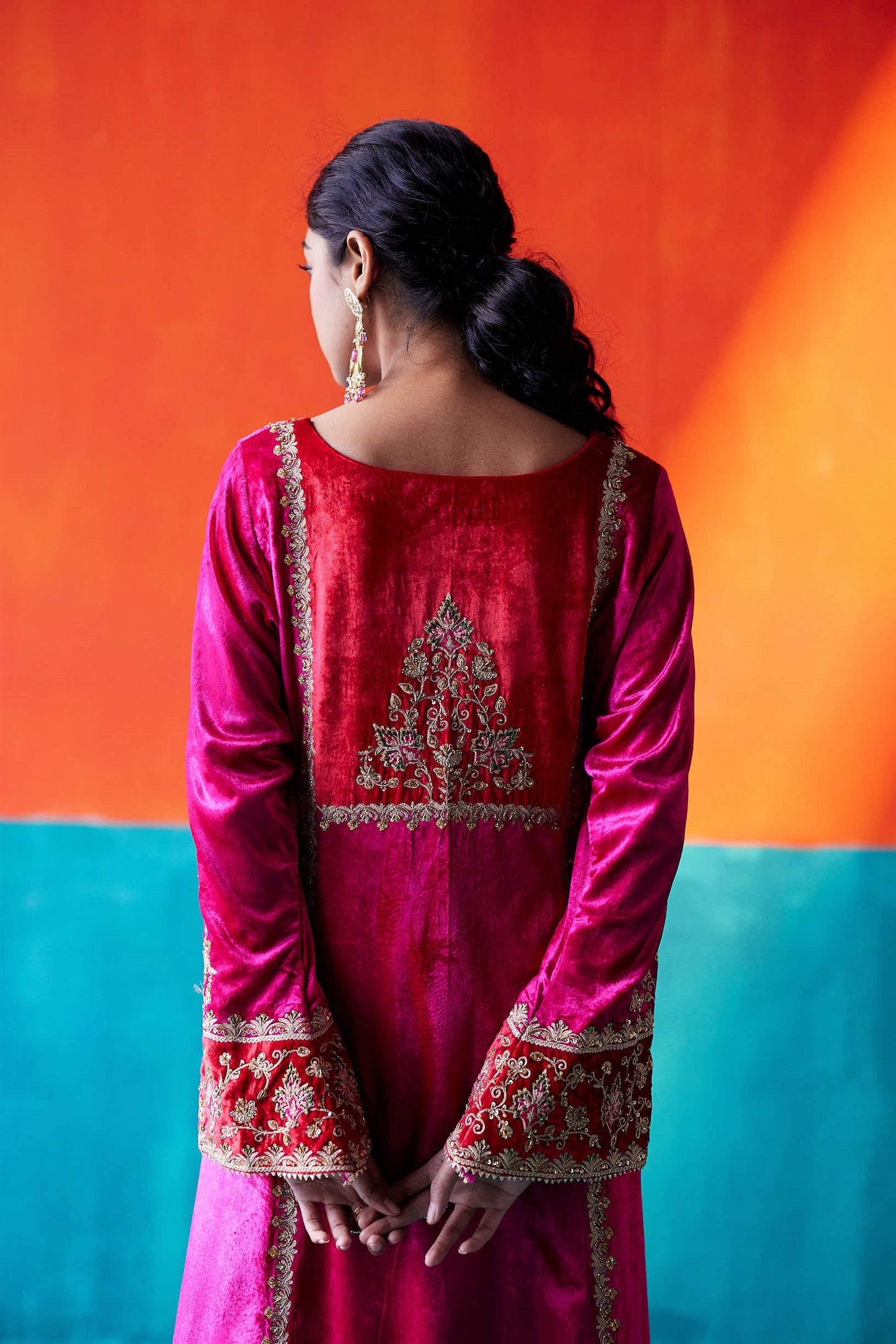 Fuchsia Pink Velvet Kurta Set