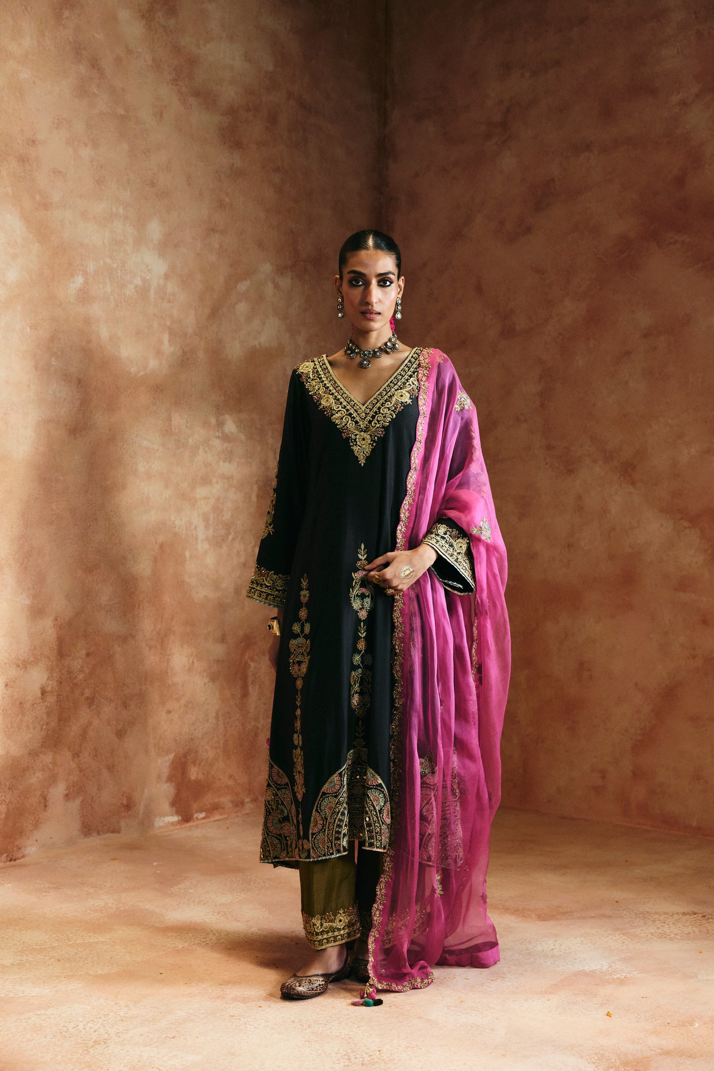 Black multi-colored kurta set