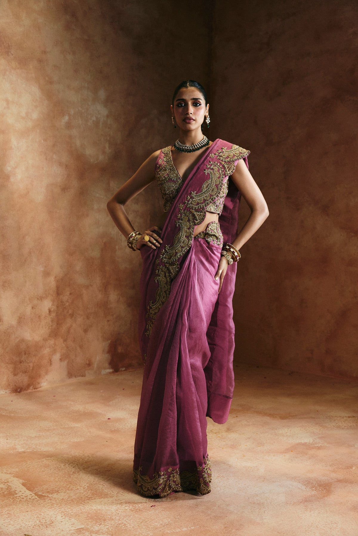 Peach & gold saree set