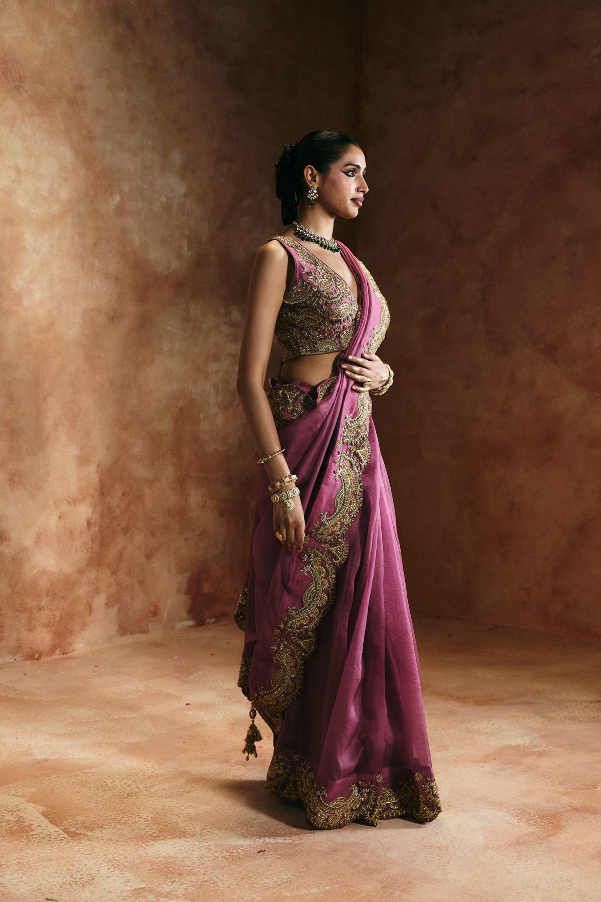 Peach & gold saree set