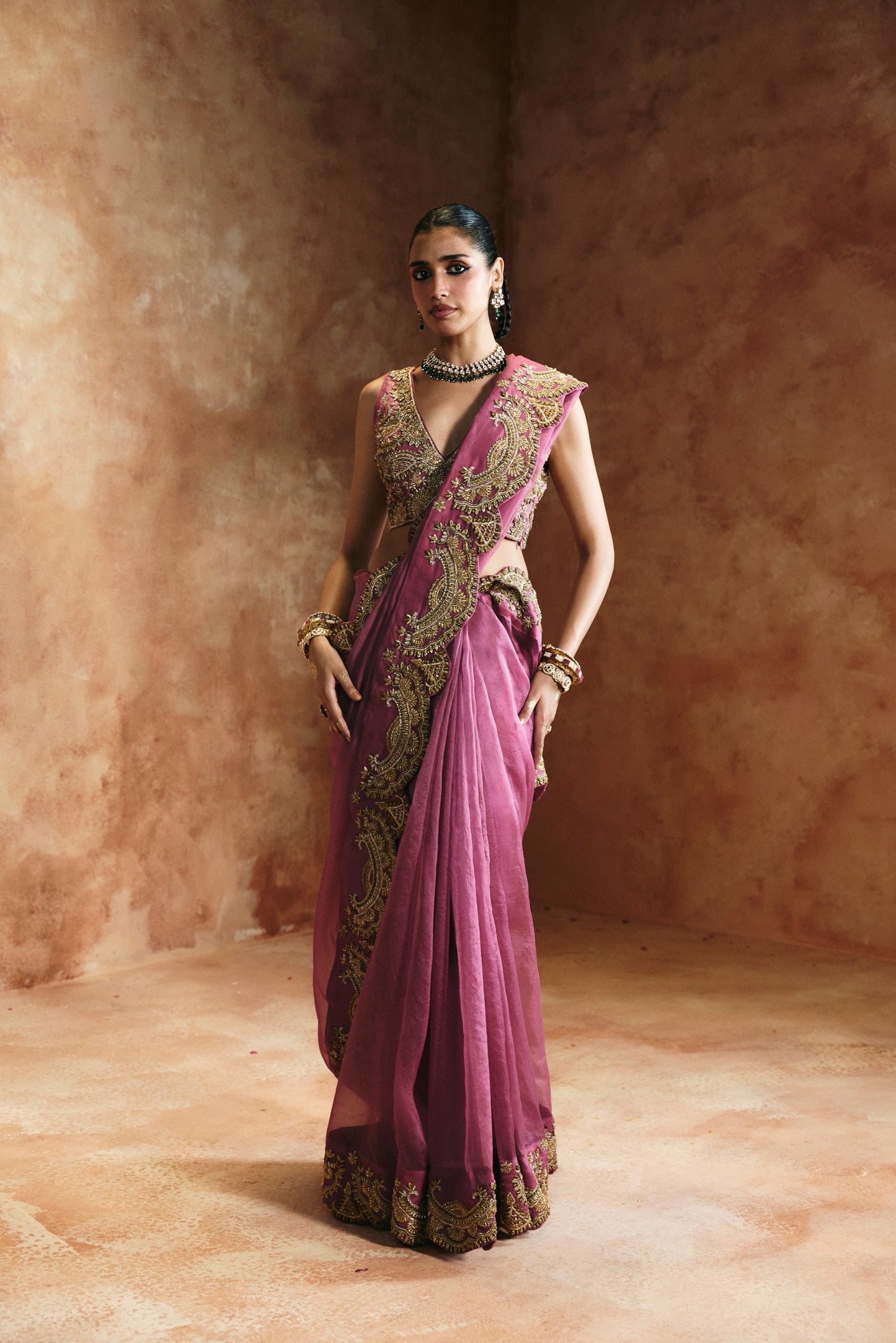 Peach & gold saree set