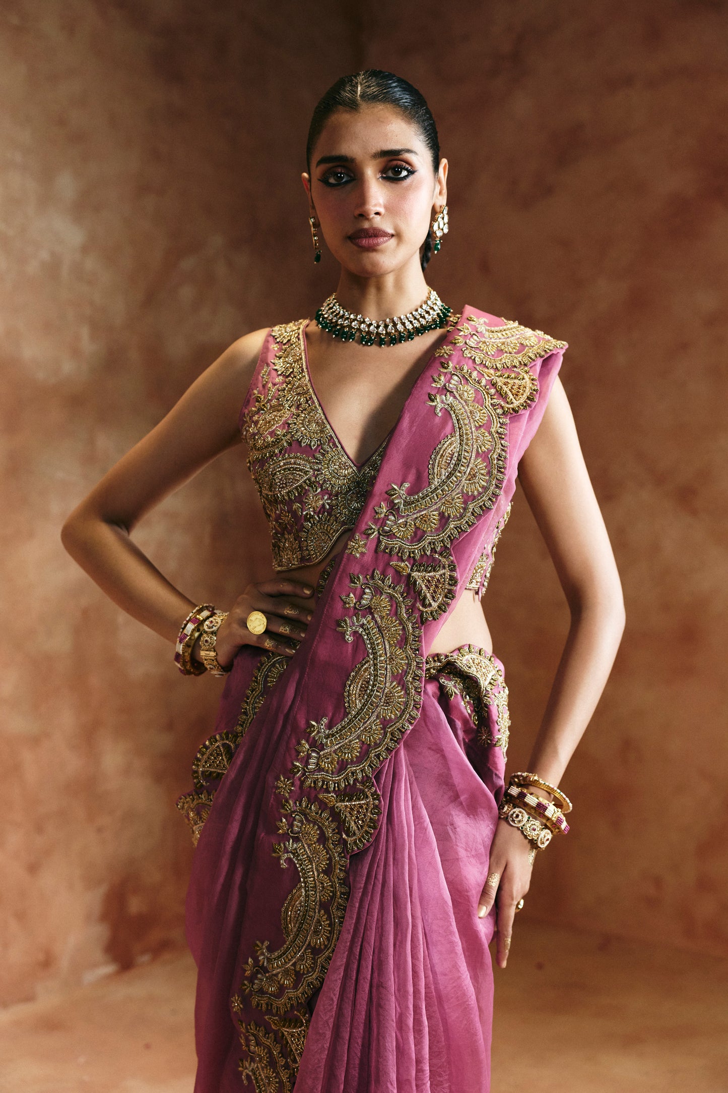 Peach & gold saree set