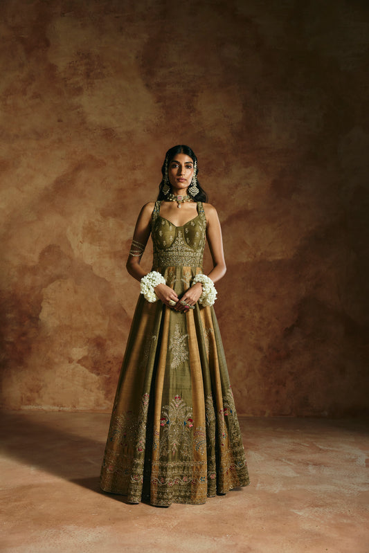 Rust green Anarkali set