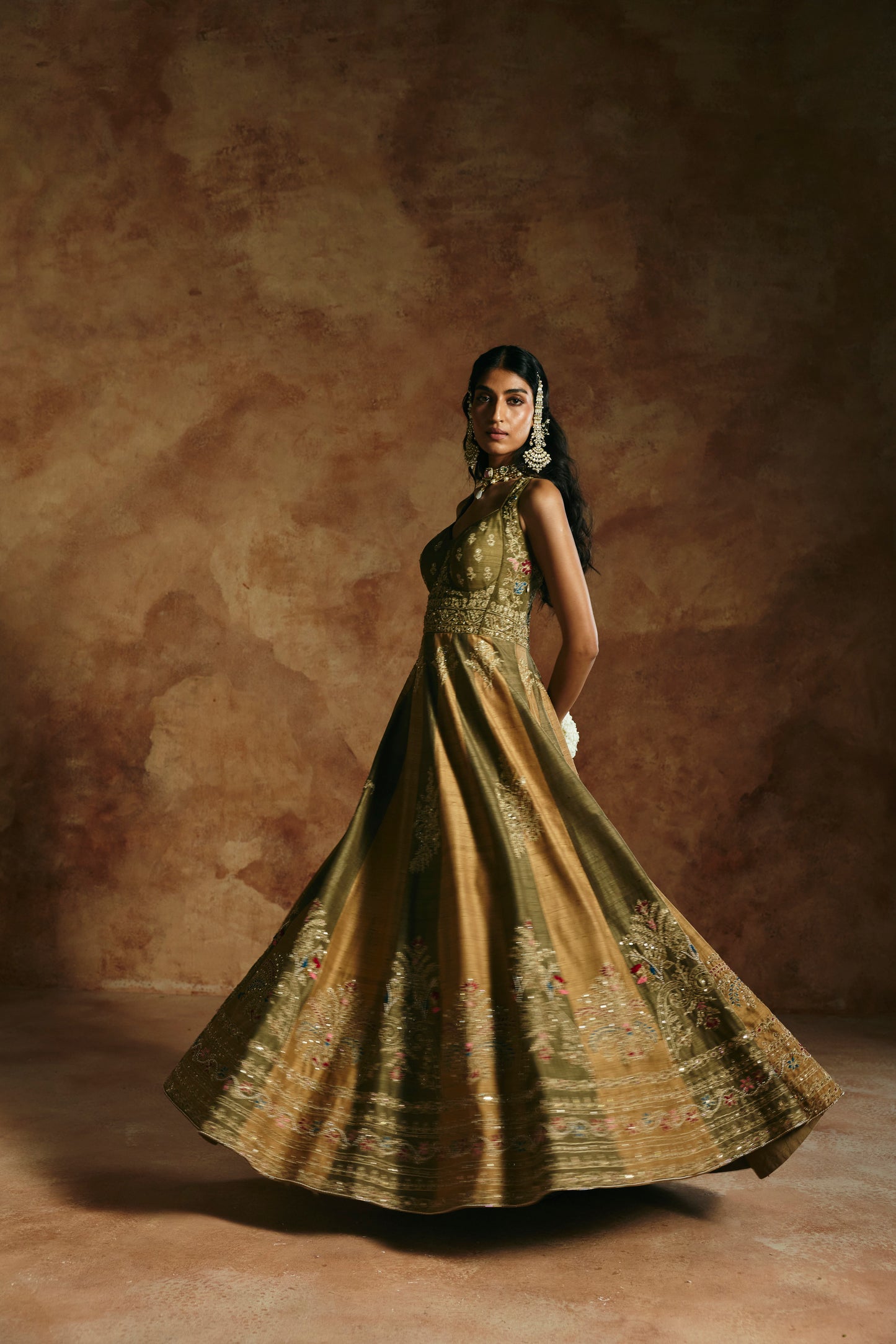 Rust green Anarkali set