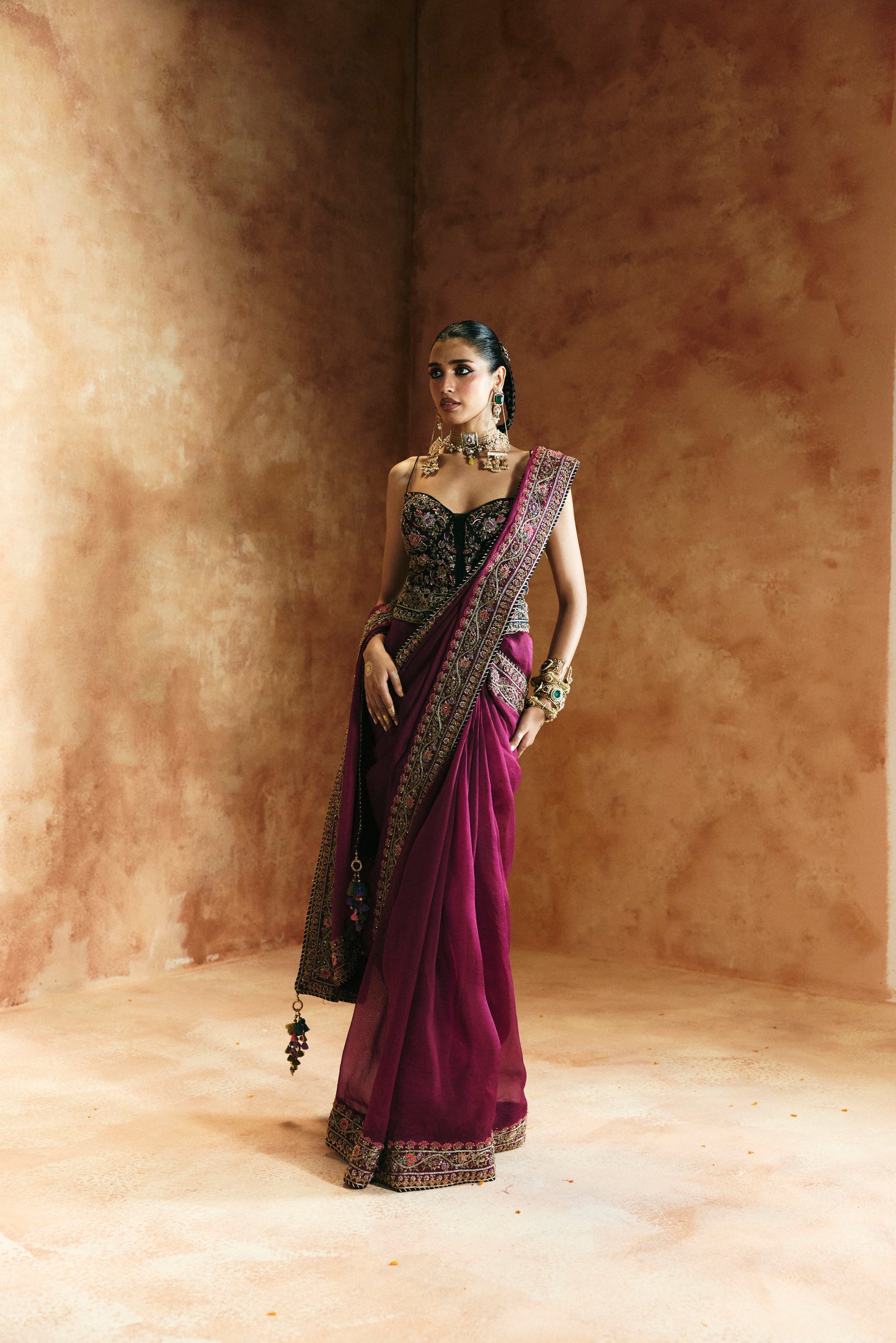 Black multi-colored saree set