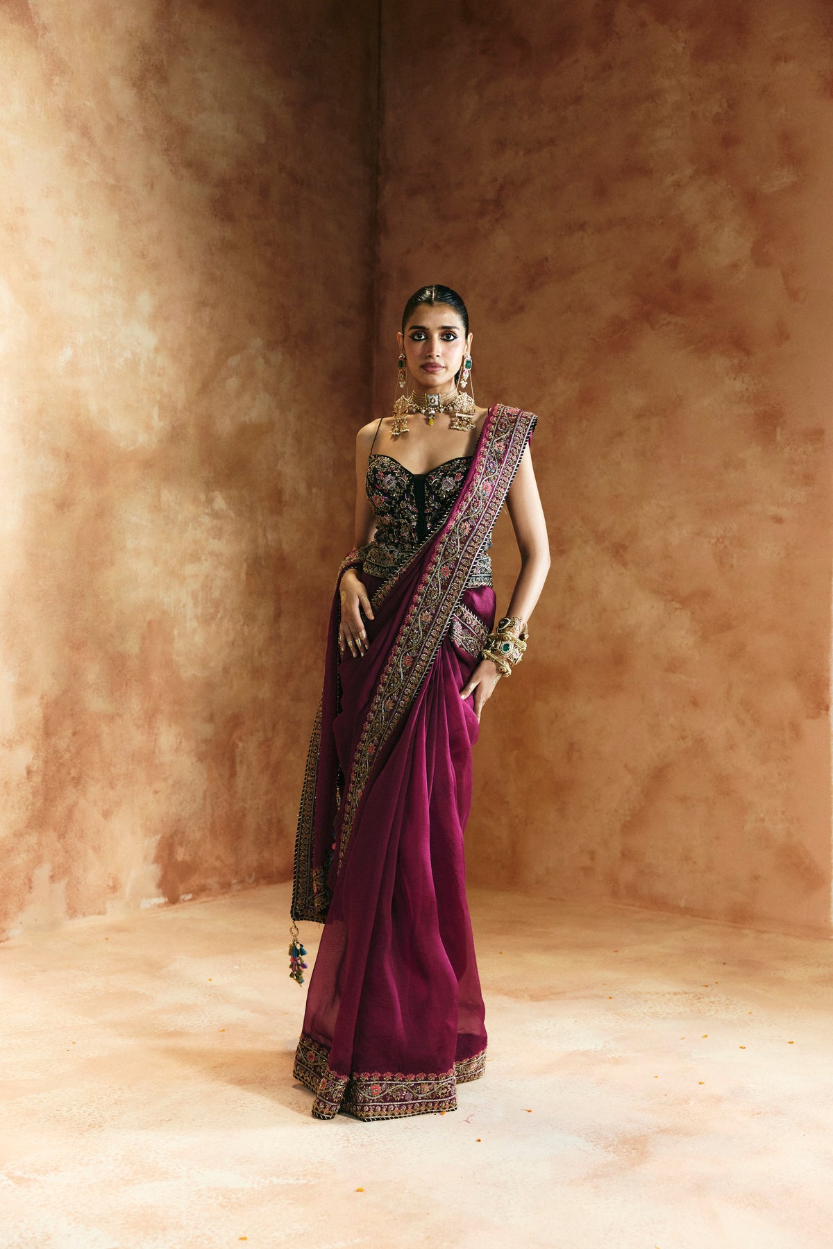 Black multi-colored saree set