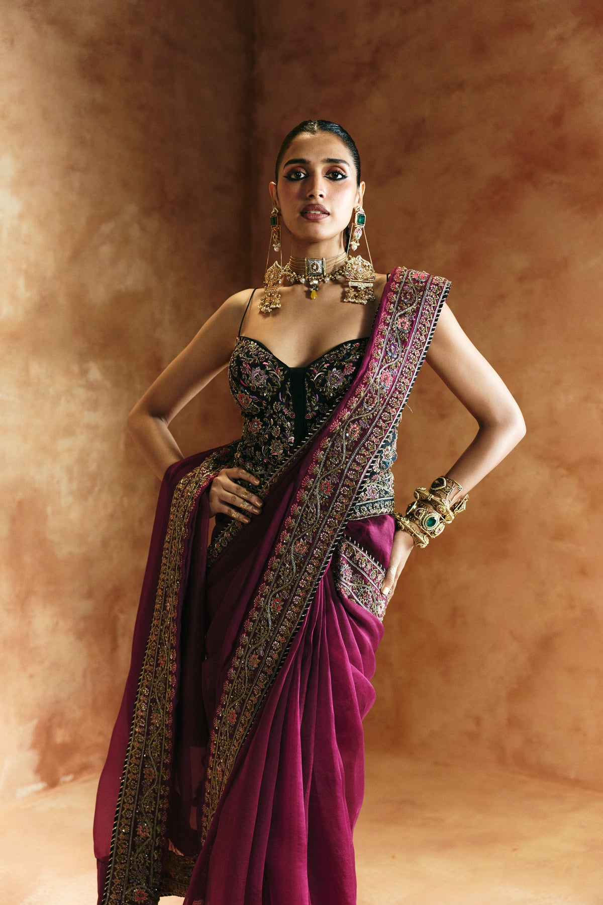 Black multi-colored saree set