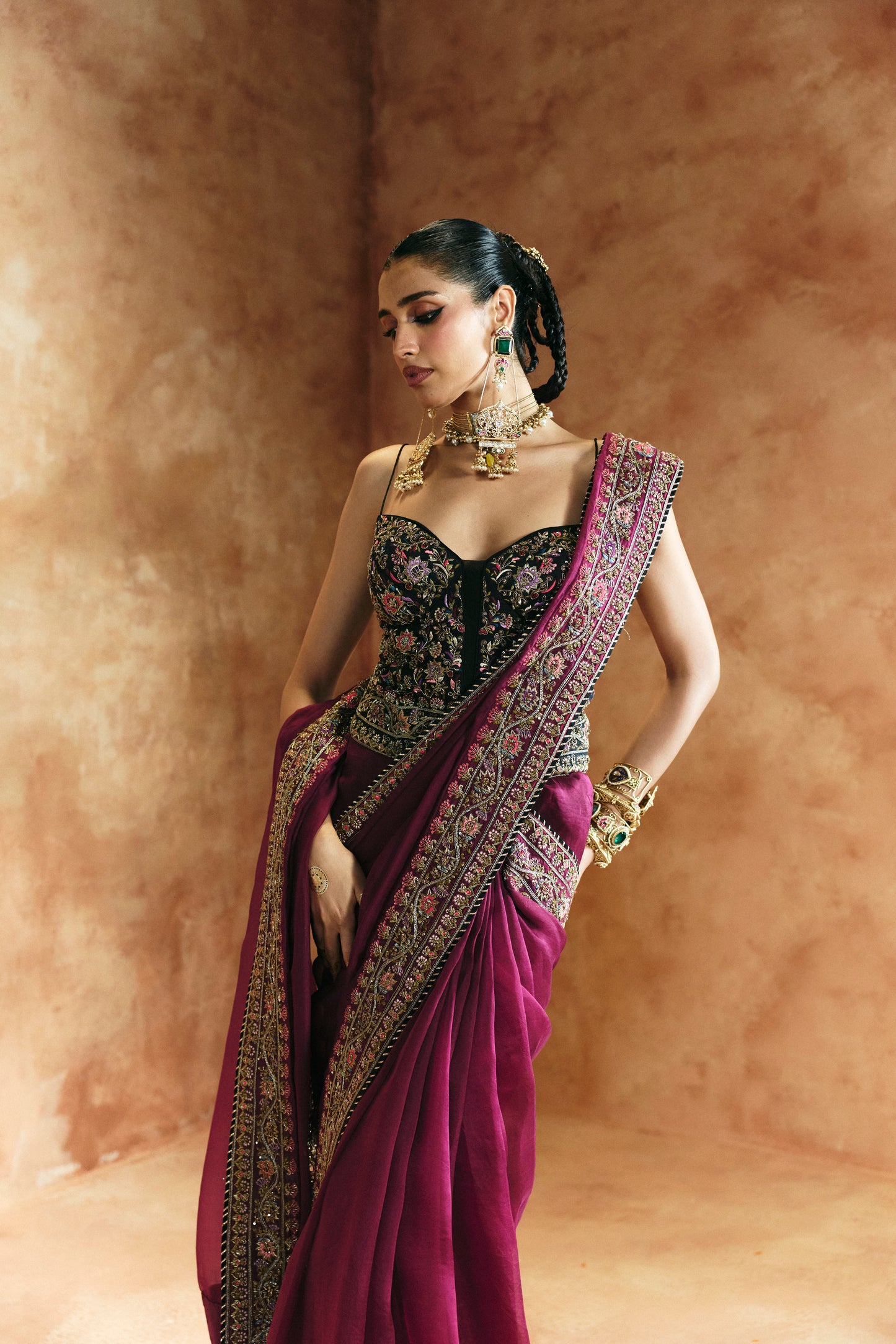 Black multi-colored saree set