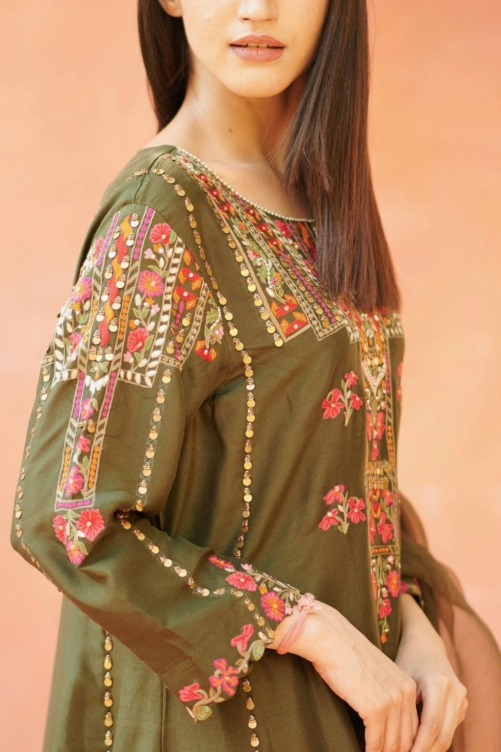 Dark Green Embroidered Kurta Set