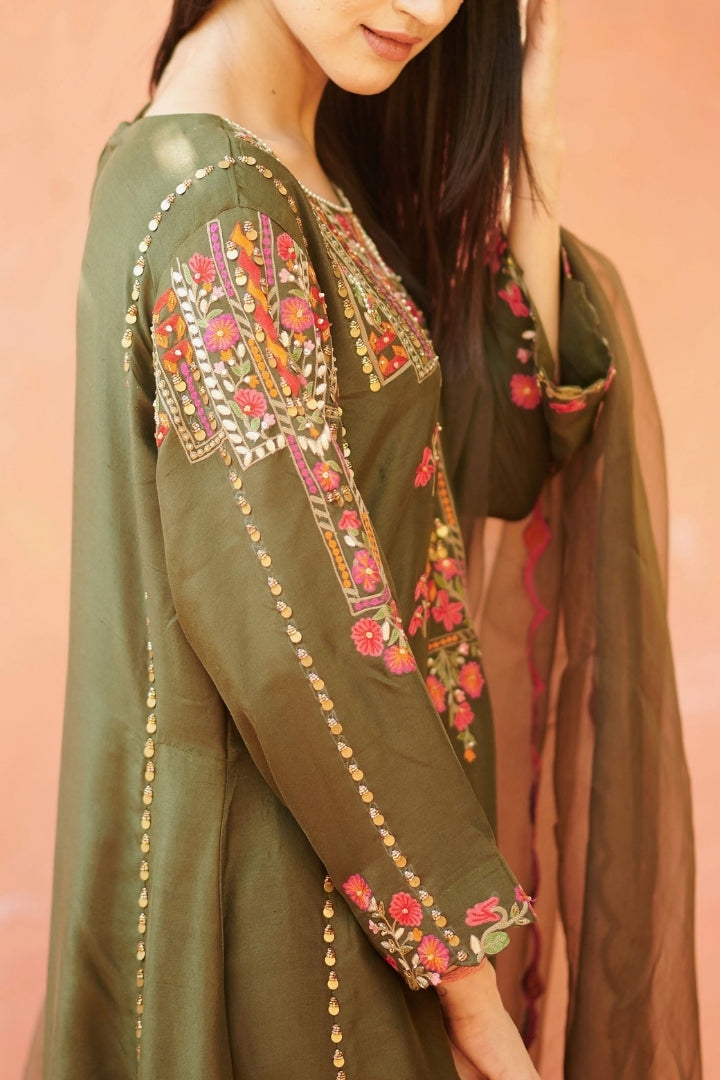 Dark Green Embroidered Kurta Set