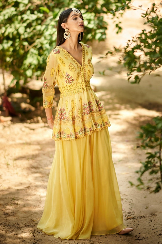 Sharara set - ( Lemon Yellow Embroidered )