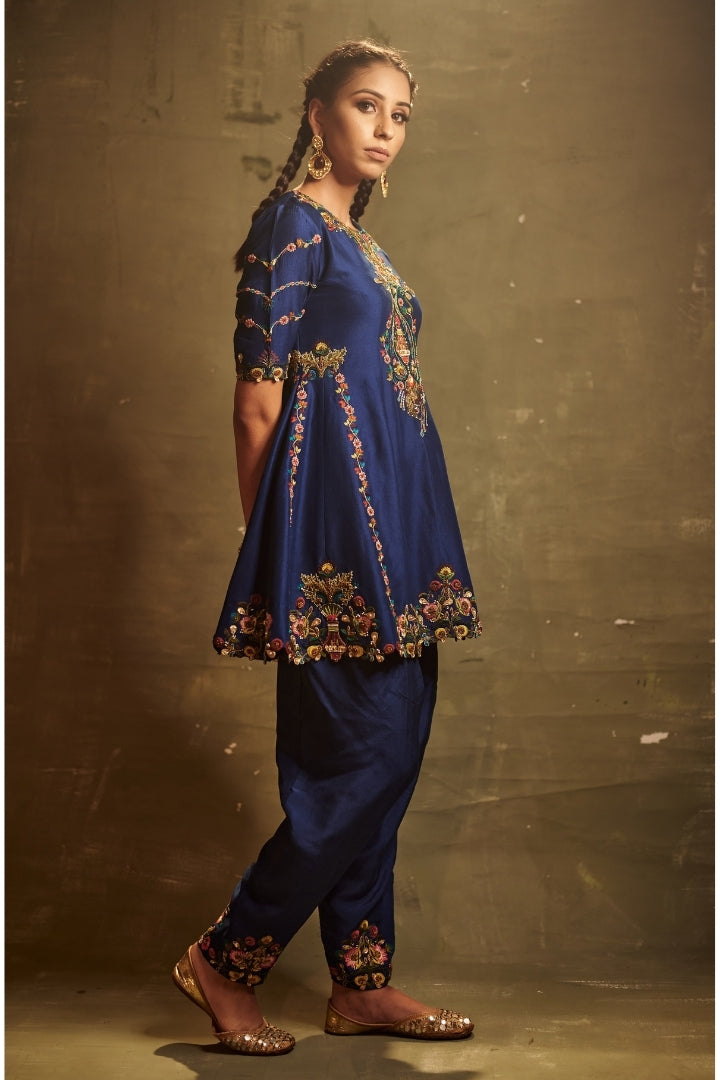 Royal Blue Embroidered Dhoti Set