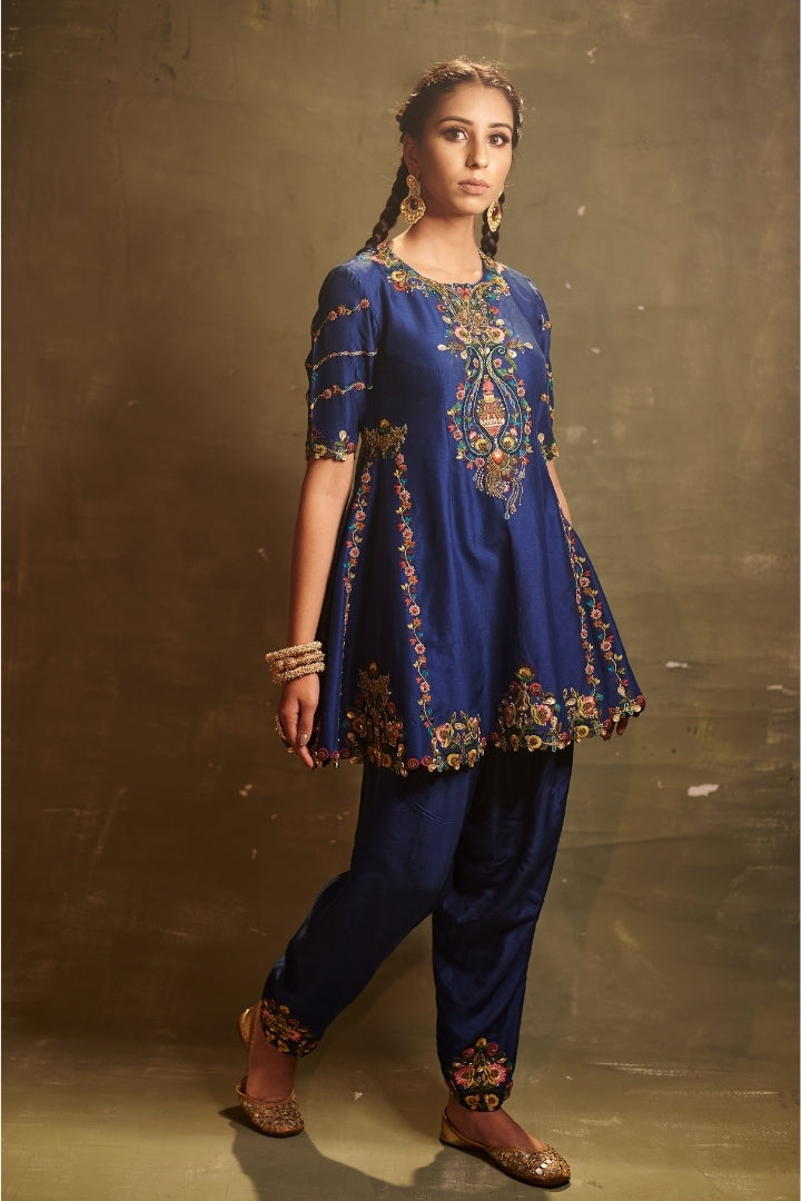 Royal Blue Embroidered Dhoti Set