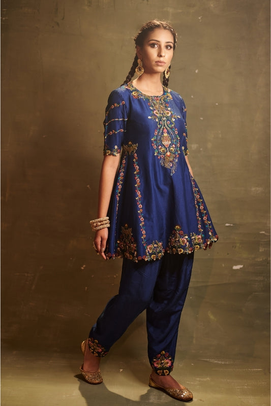 Royal Blue Embroidered Dhoti Set