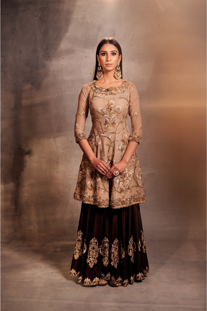 Beige Embroidered Sharara Set