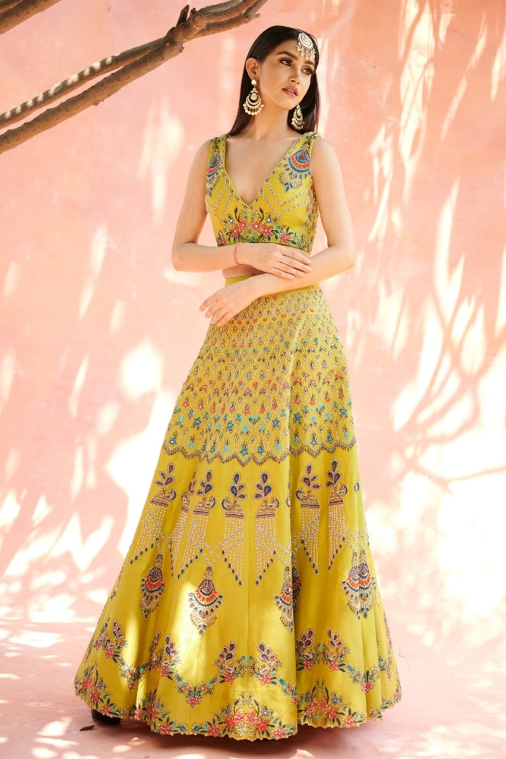 Lime Green Embroidered Lehenga Set