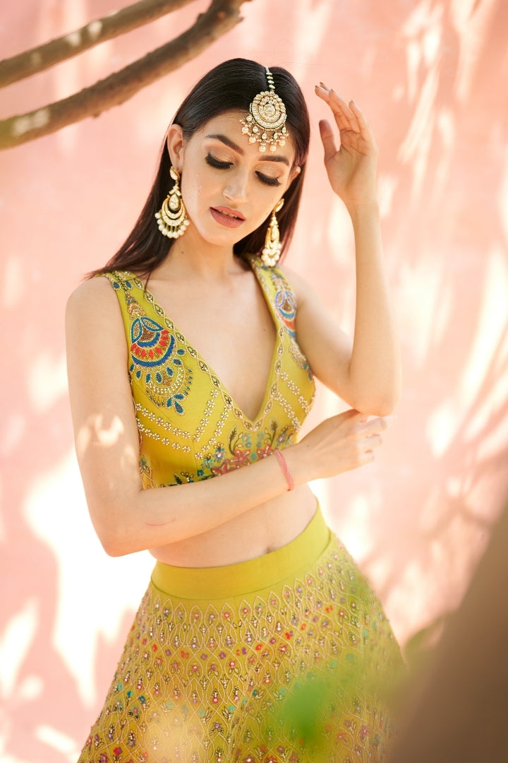 Lime Green Embroidered Lehenga Set