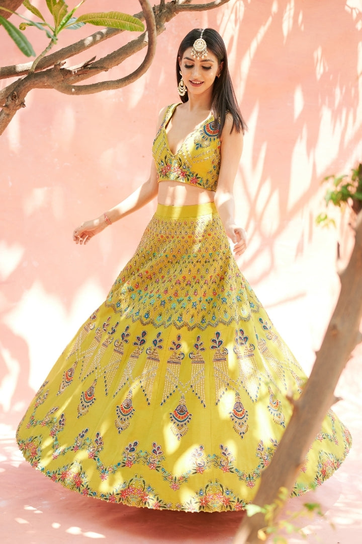 Lime Green Embroidered Lehenga Set