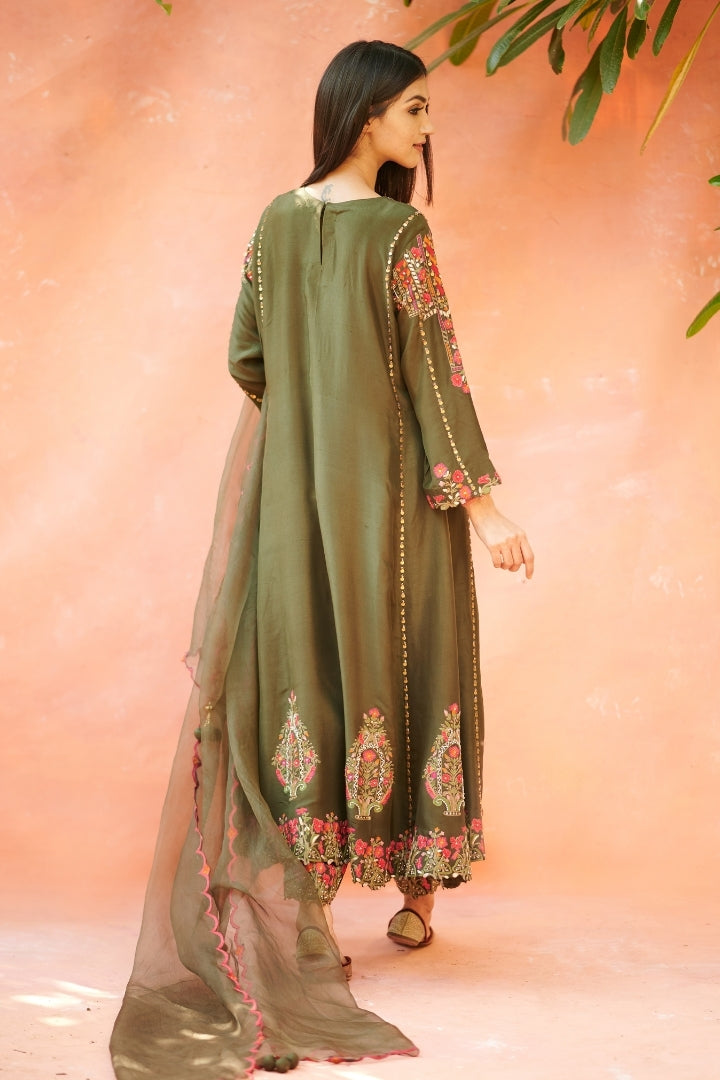 Dark Green Embroidered Kurta Set