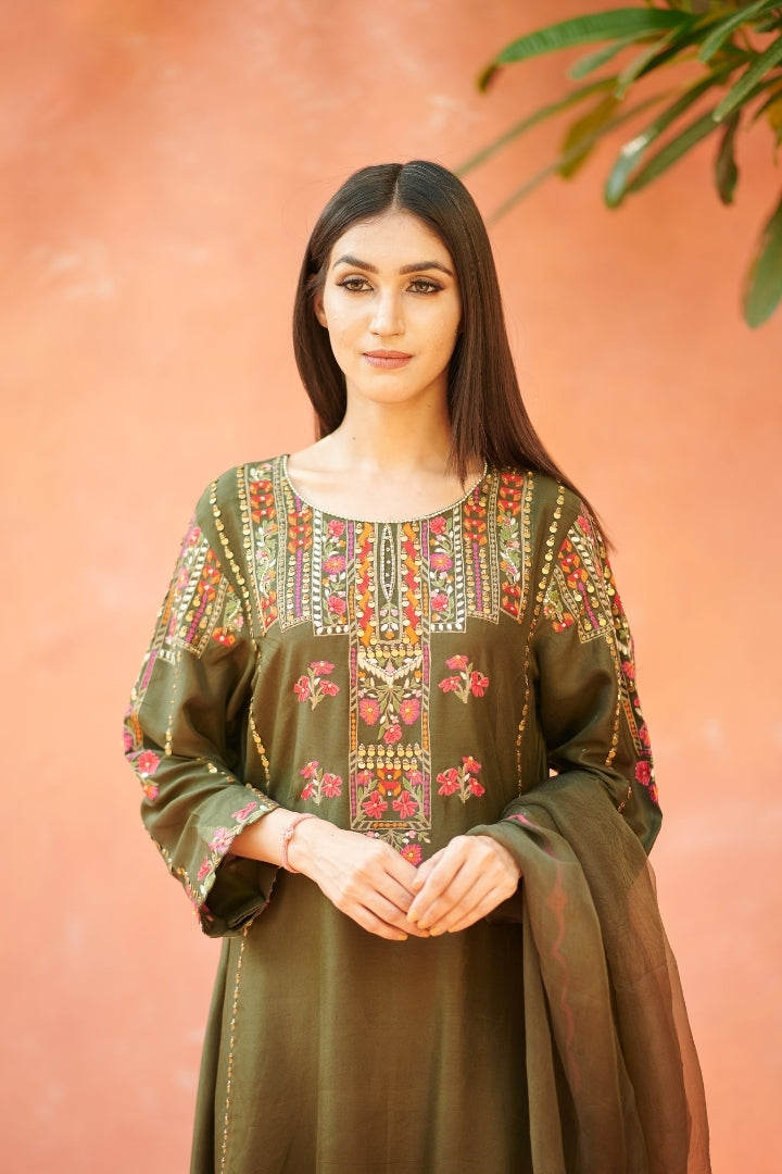 Dark Green Embroidered Kurta Set