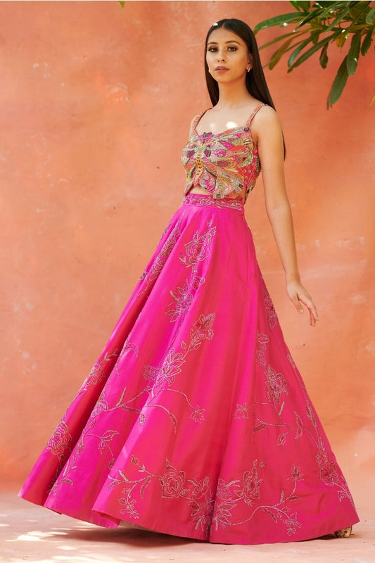 Hot Pink Embroidered Lehenga Set