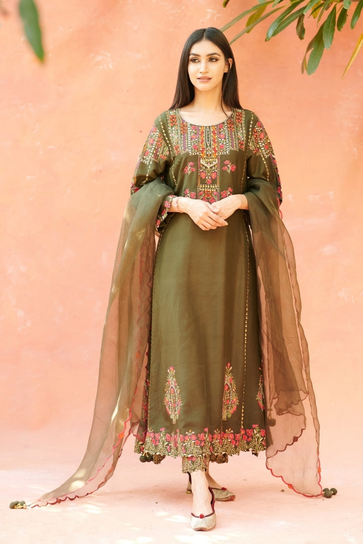 Dark Green Embroidered Kurta Set