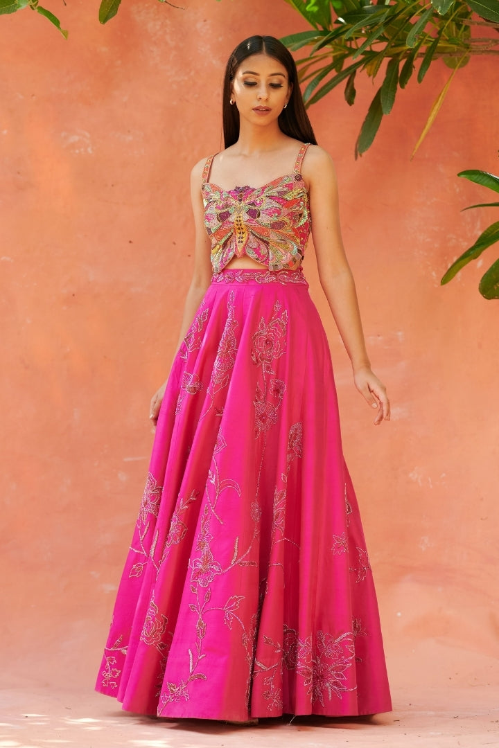 Hot Pink Embroidered Lehenga Set