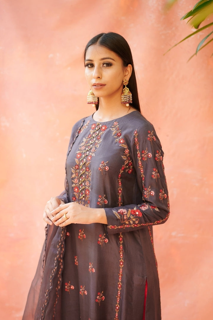 Charcoal Grey Embroidered Kurta Set