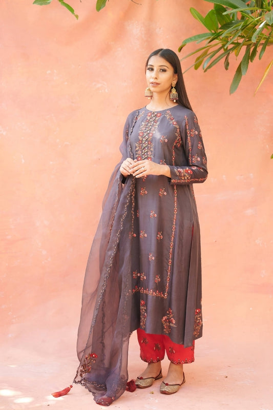 Charcoal Grey Embroidered Kurta Set