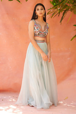 Ice Blue Sequins Embroidered Skirt Set