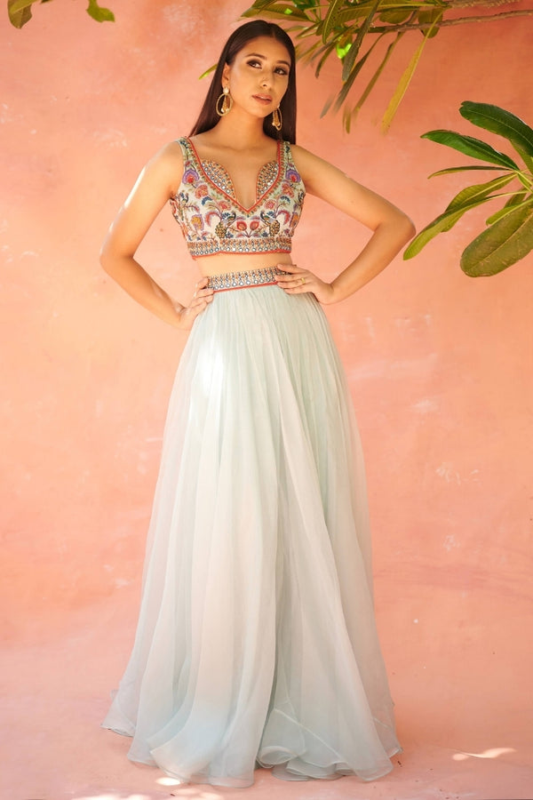 Ice Blue Sequins Embroidered Skirt Set