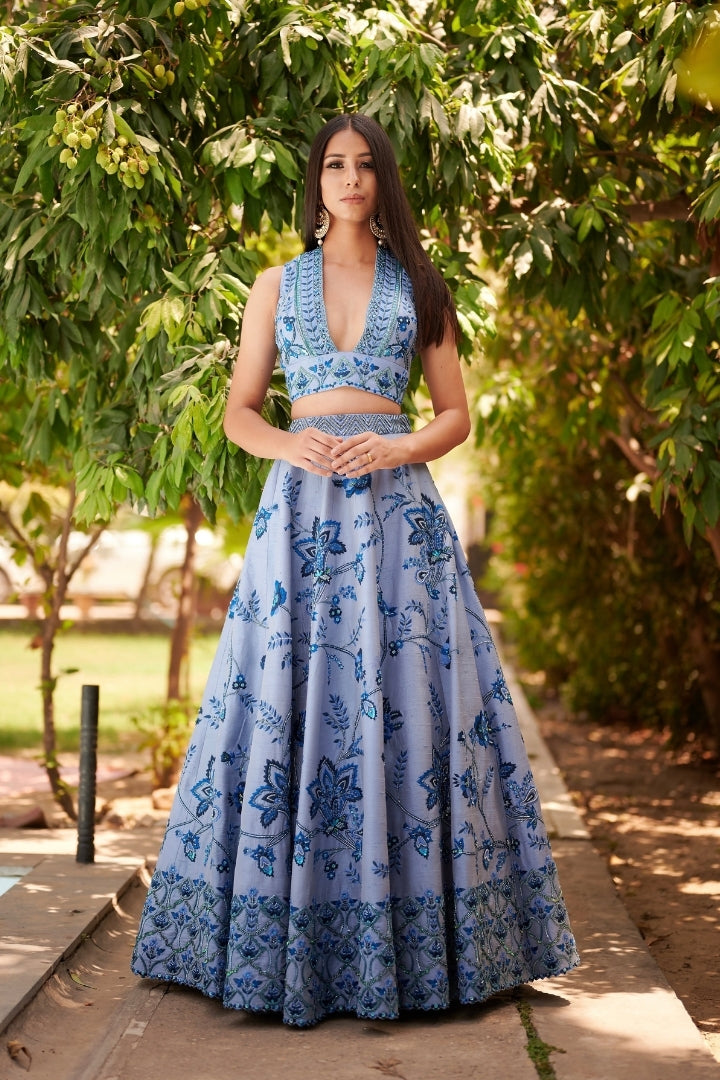 Blue Embroidered Lehenga Set