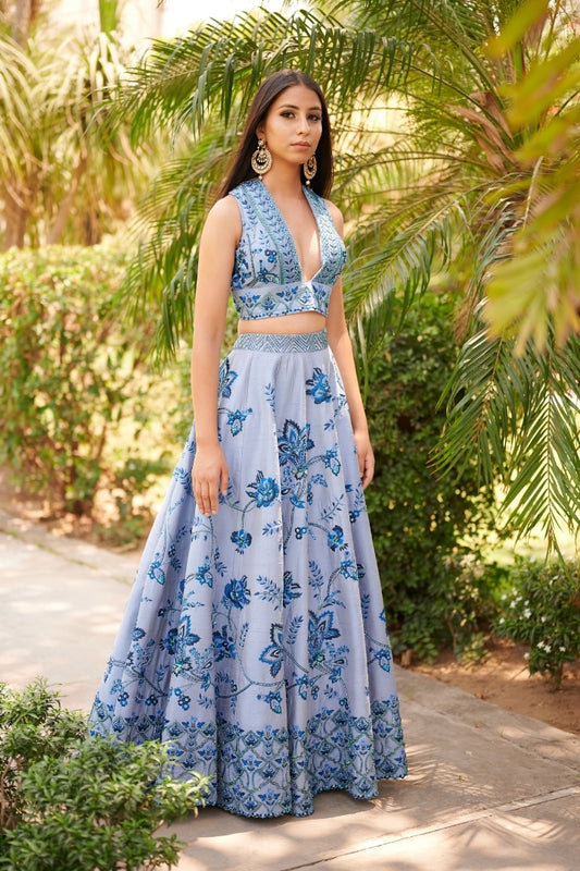 Blue Embroidered Lehenga Set