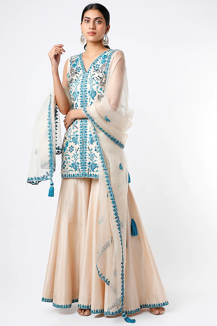 Ivory Dupion Silk Sharara Set