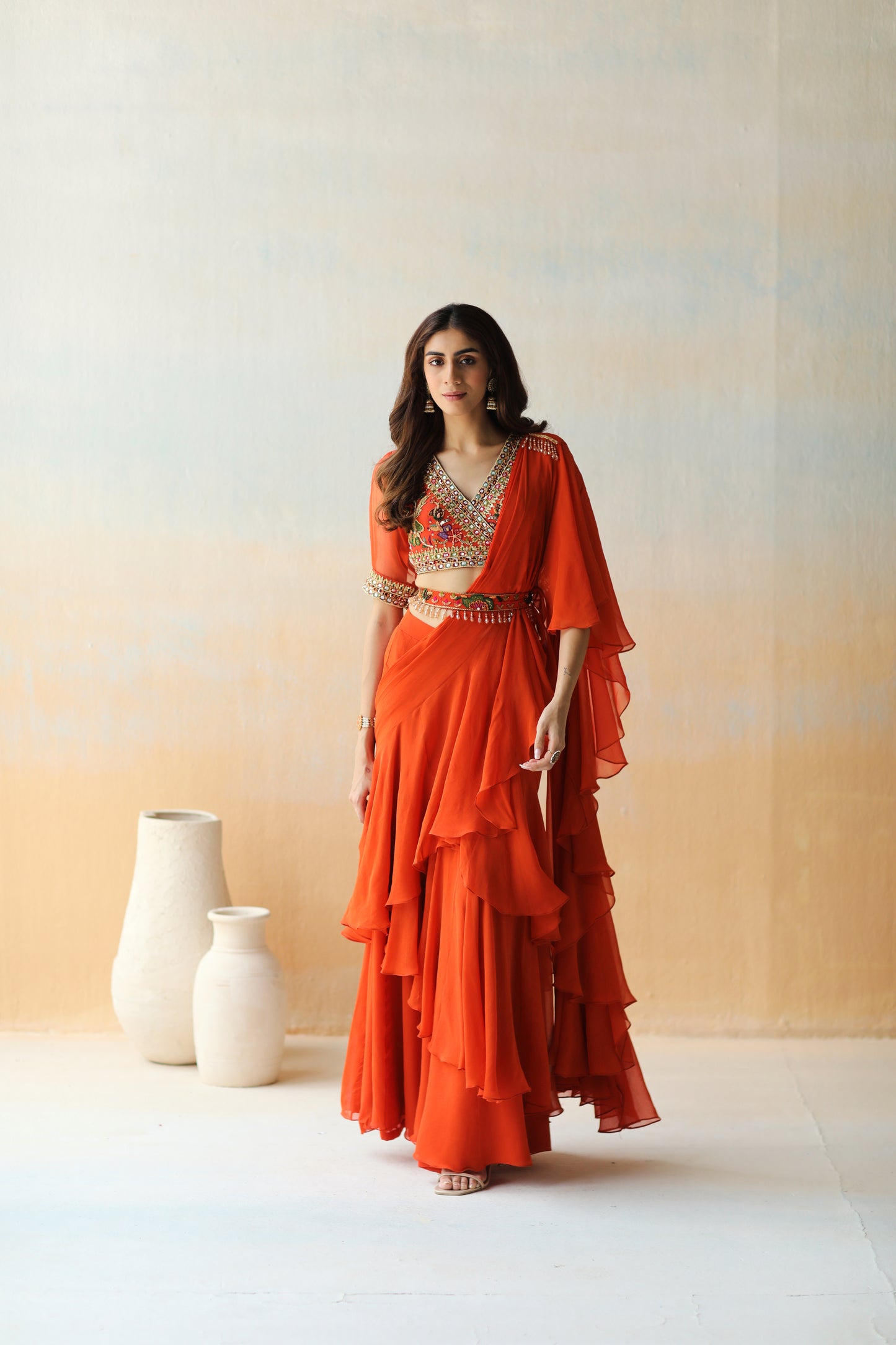 Fire rust ruffle saree