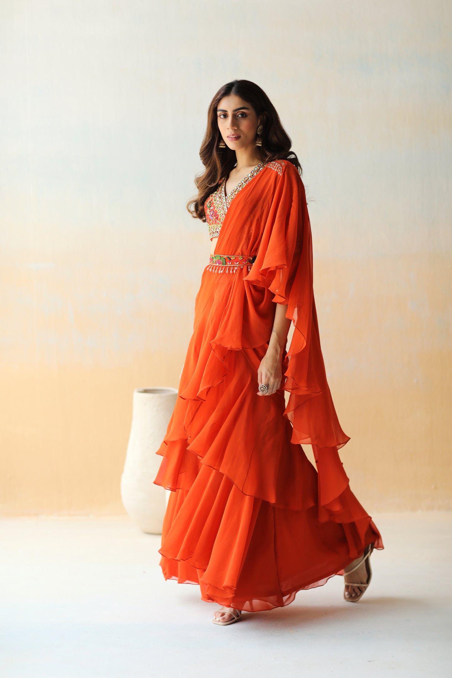 Fire rust ruffle saree