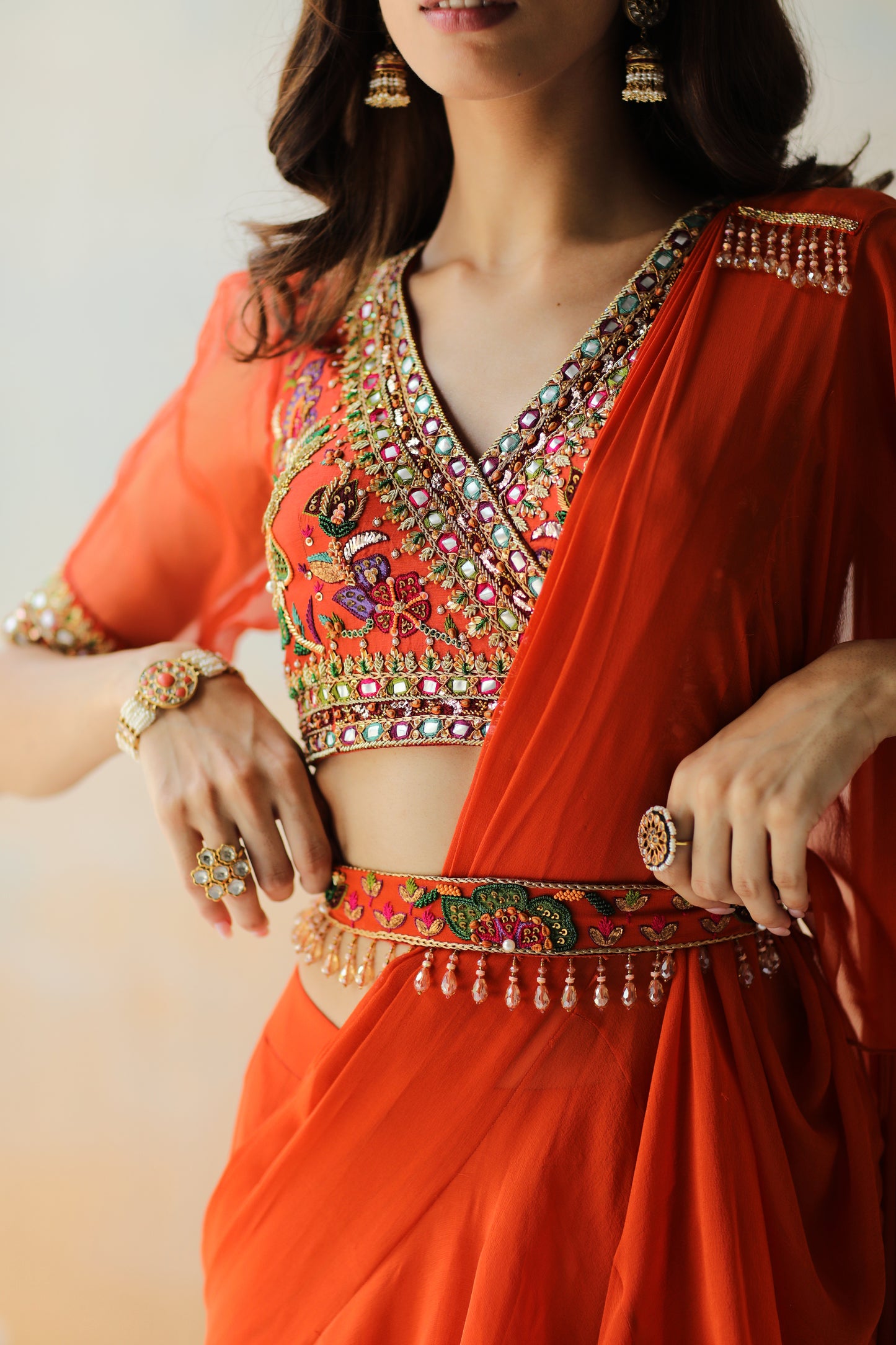 Fire rust ruffle saree