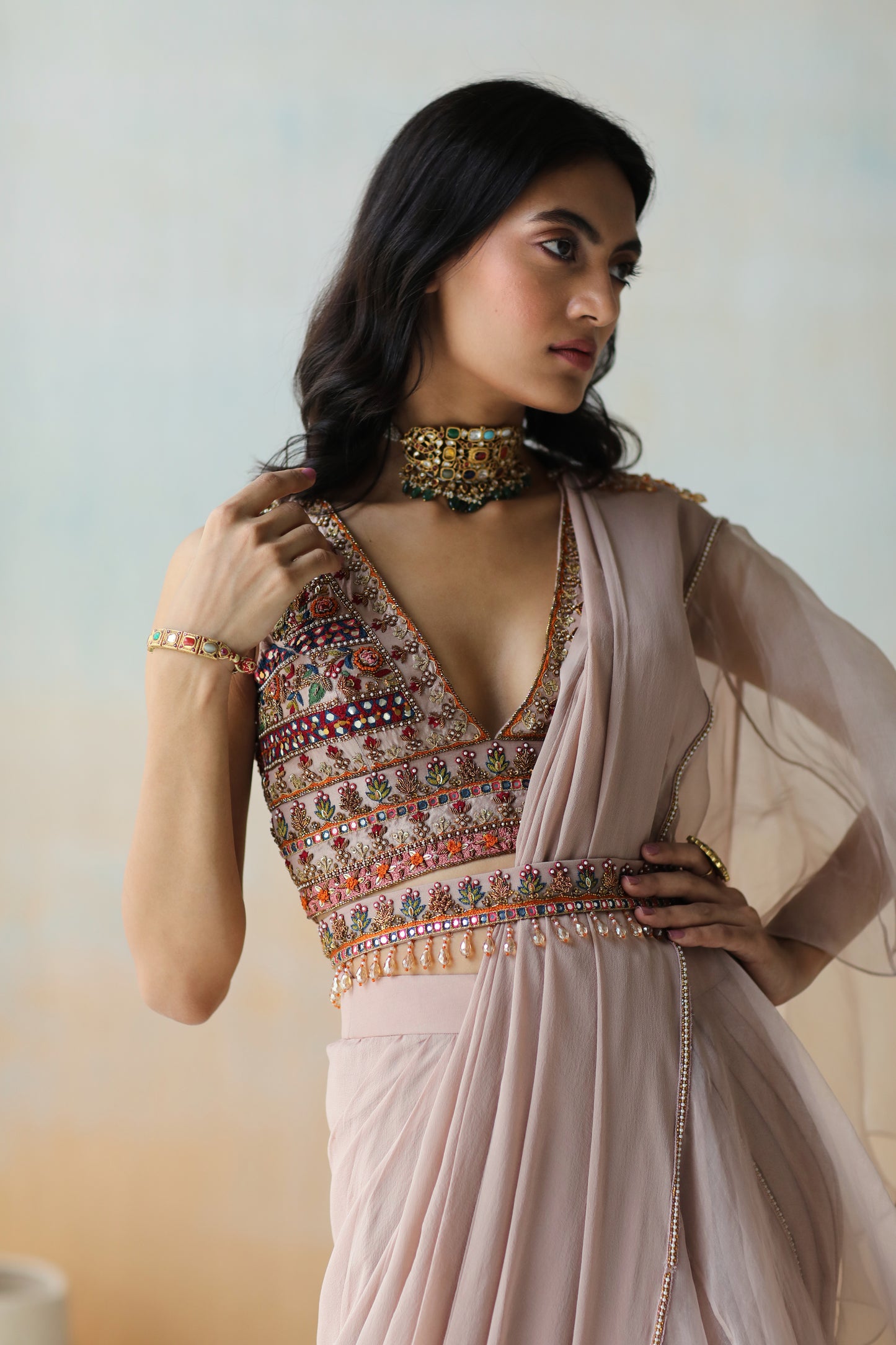 Light beige ruffle saree