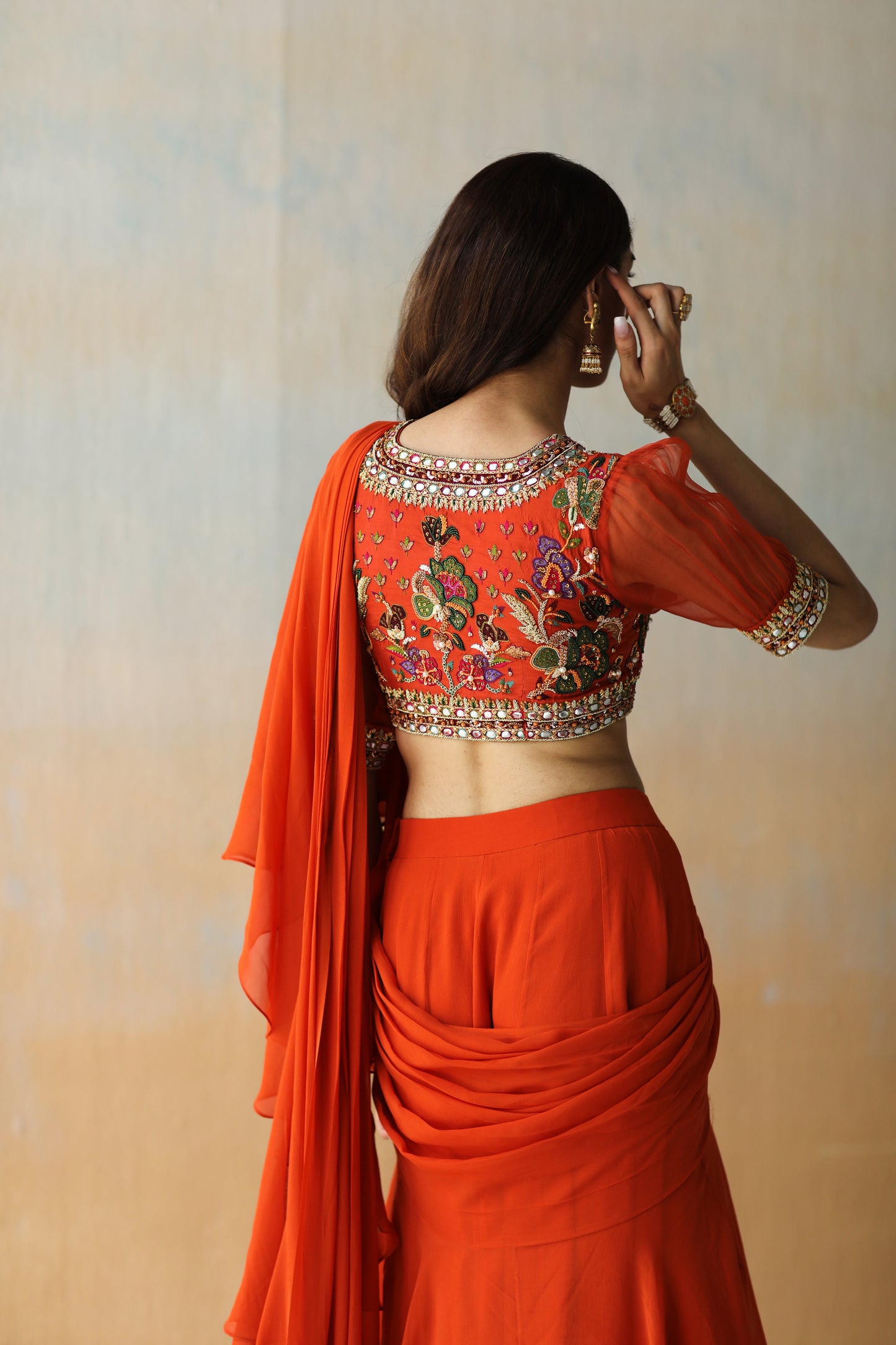 Fire rust ruffle saree