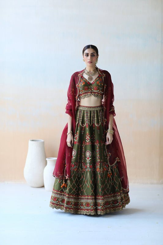 Deep olive green lehenga set