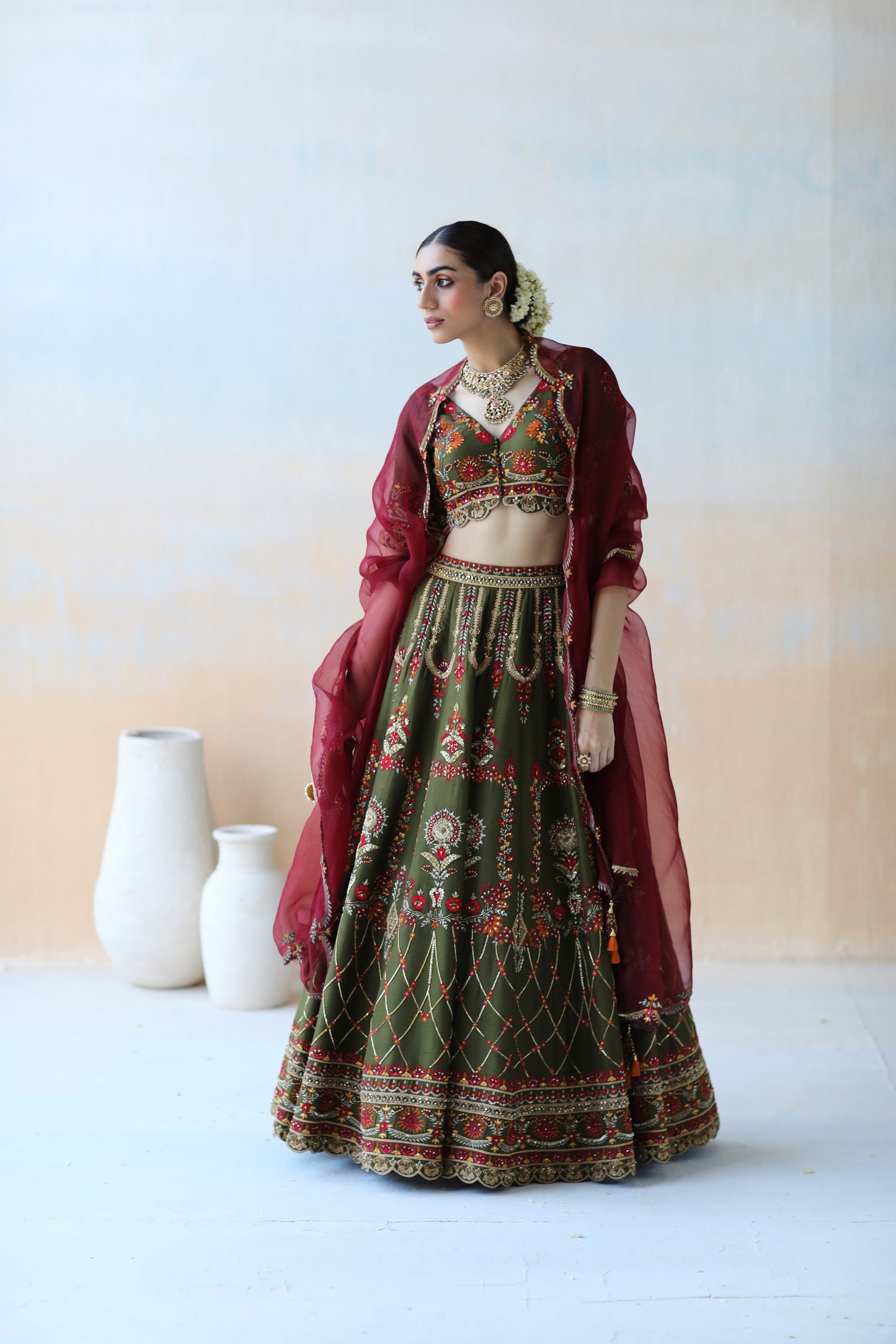 Deep olive green lehenga set