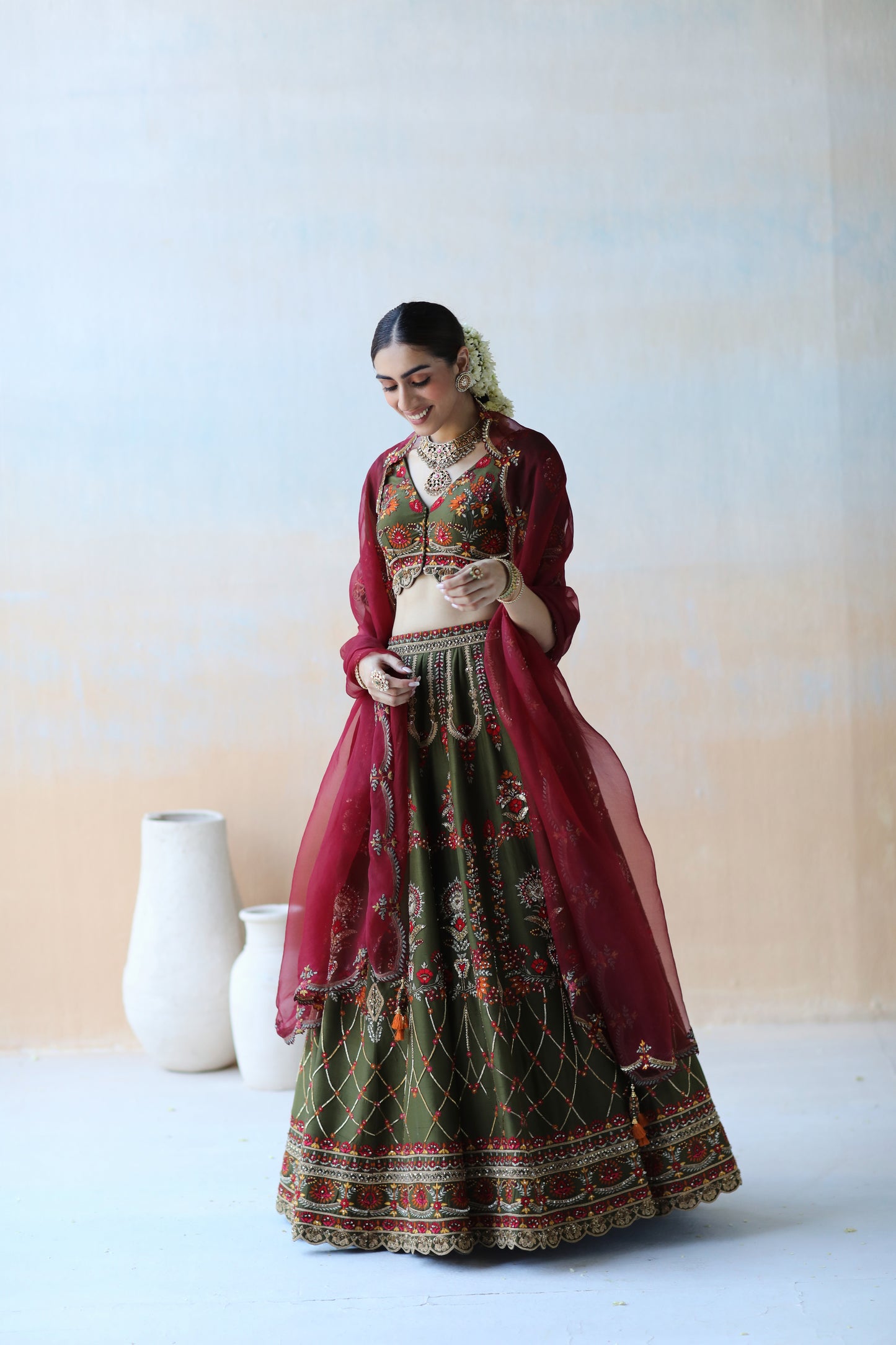 Deep olive green lehenga set