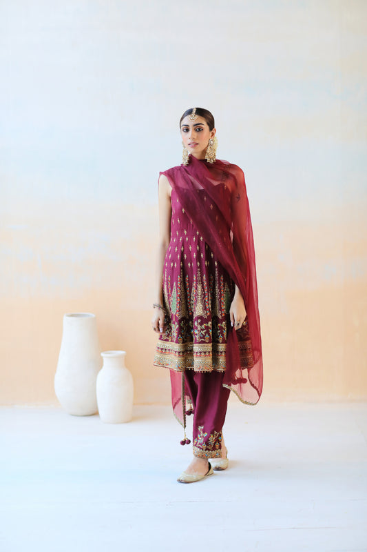 Burgundy anarkali set