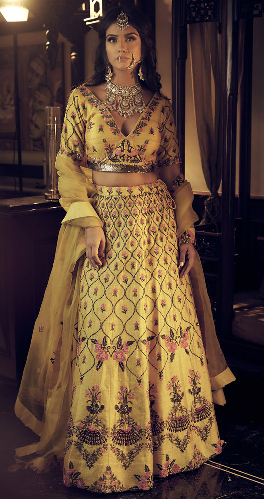 Yellow jaali embroidered lehenga set