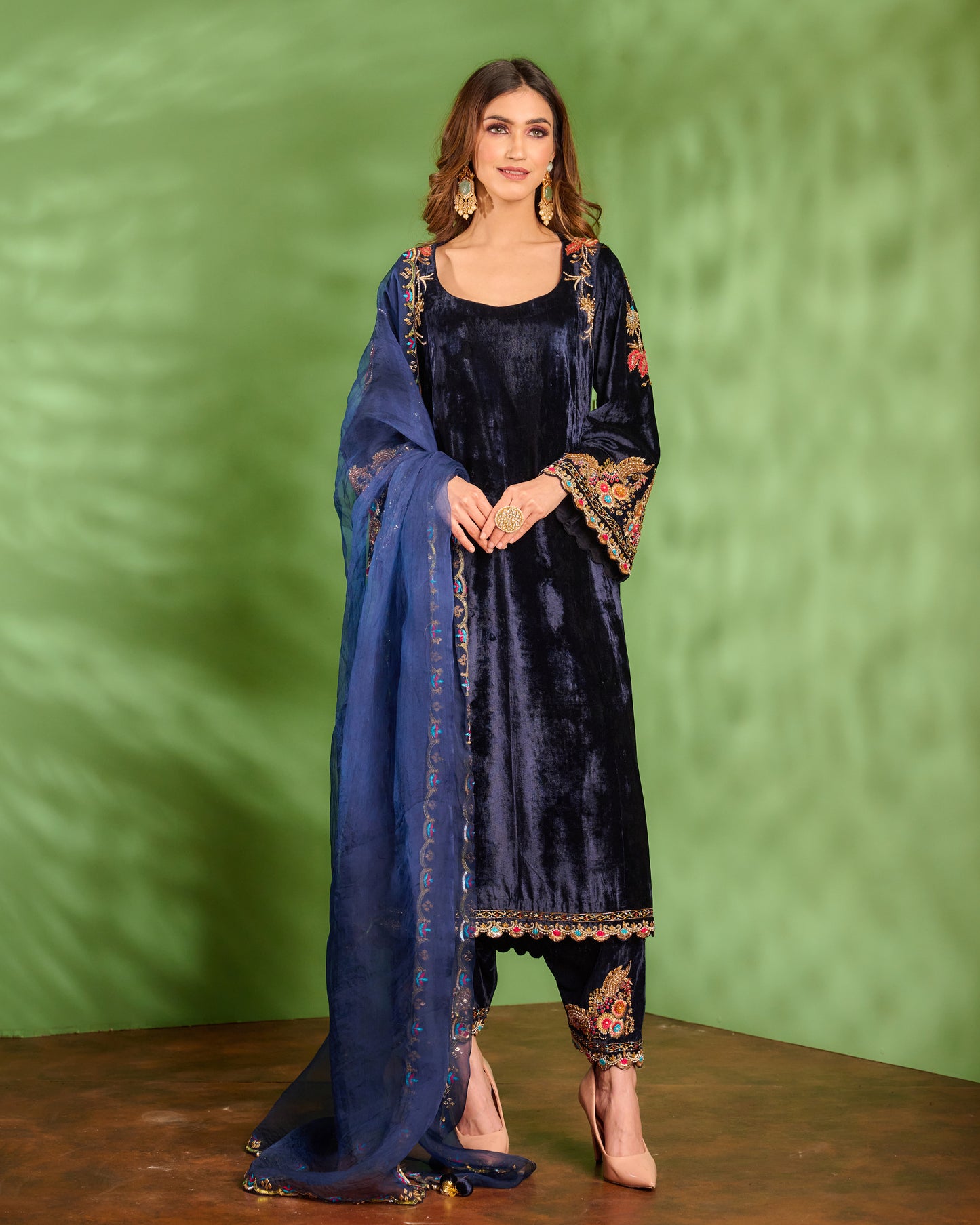 Royal blue velvet kurta set